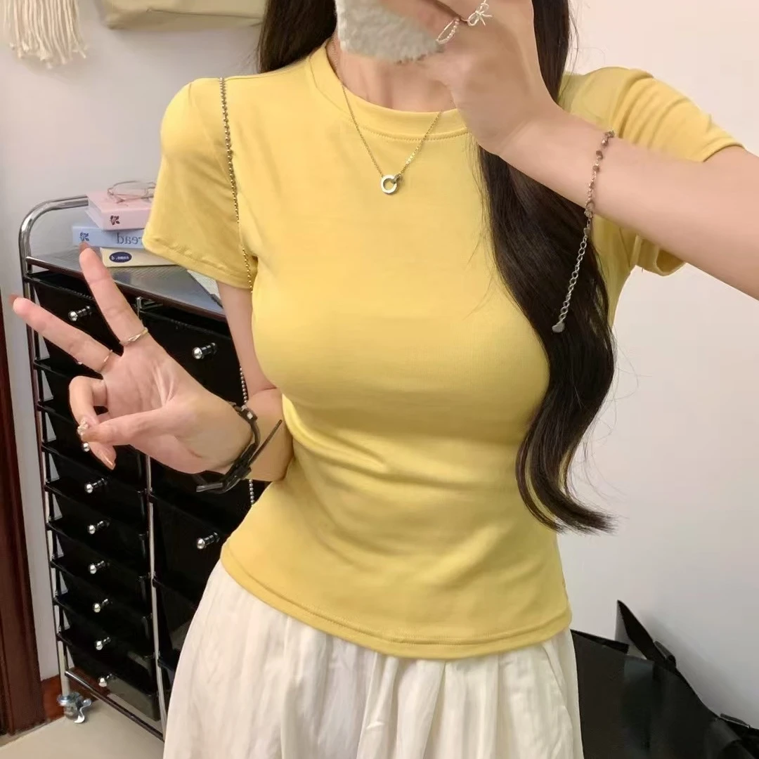 法式简约T恤上衣新款正肩百搭简约圆领修身针织短袖舒适多巴胺女