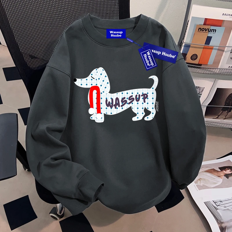 WASSUP HSUBE小狗百搭休闲长袖T恤秋季新款美式重磅上衣情侣装ins