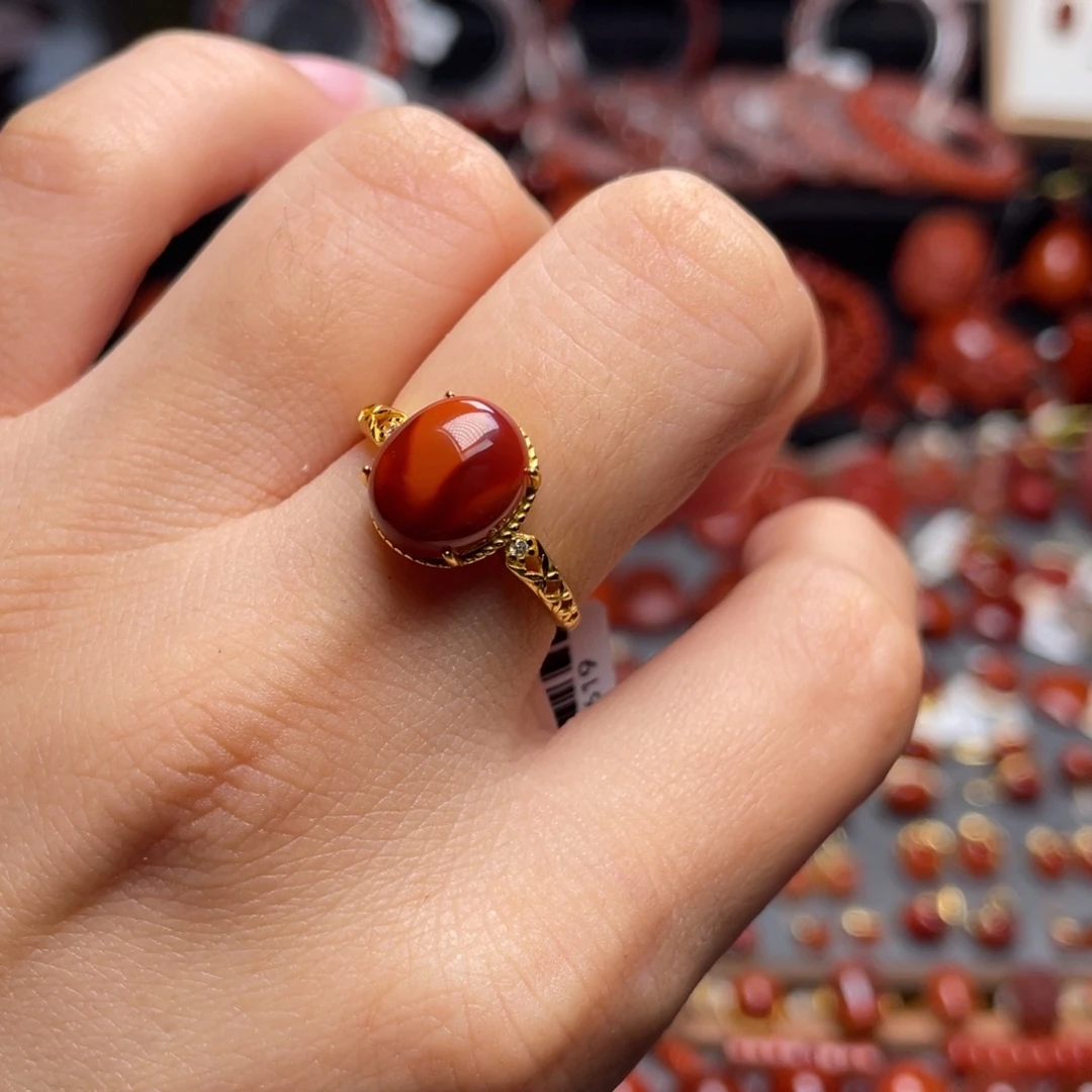 南红玛瑙银S925镶嵌牛血红双色戒指