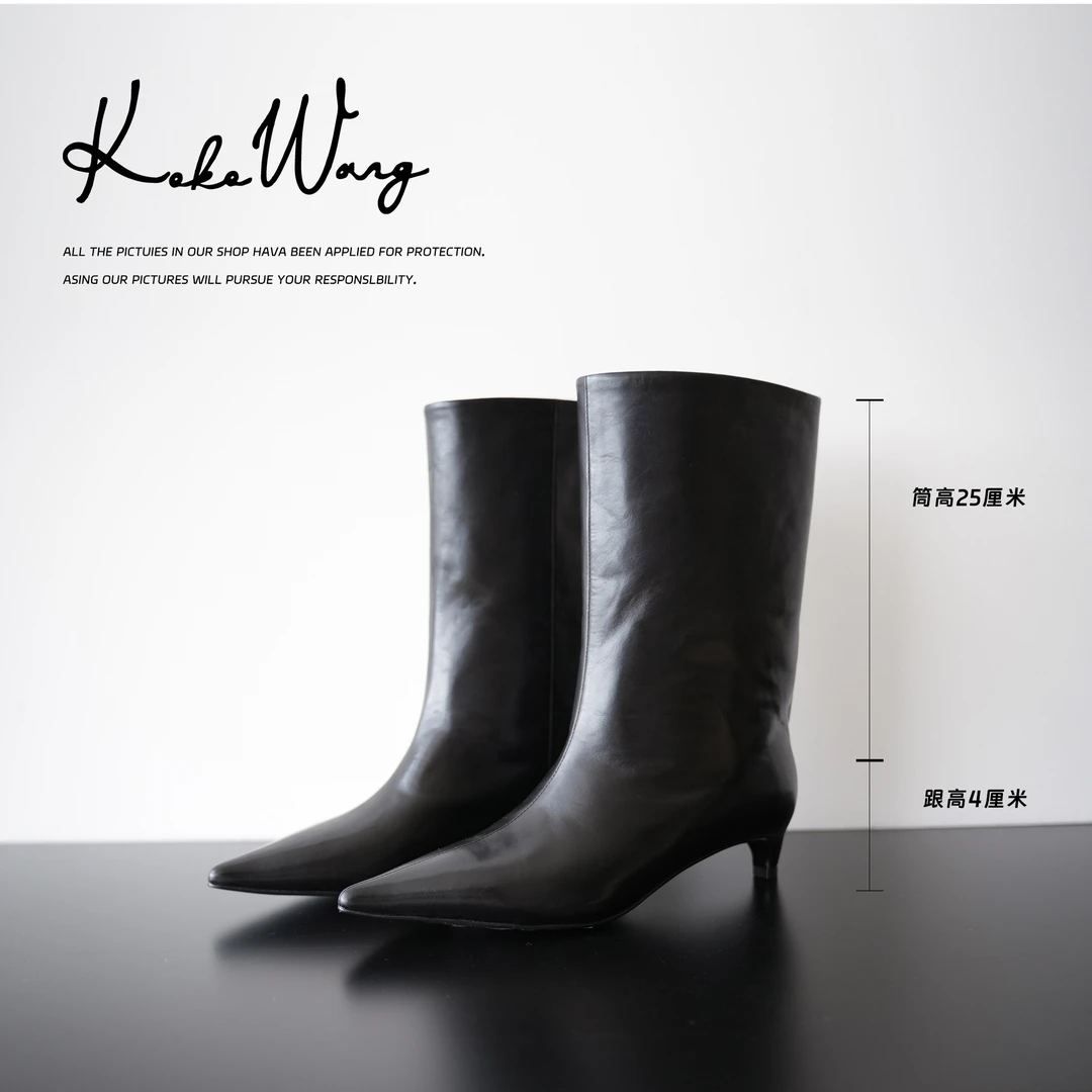 KOKO WANG秋冬新款植鞣小牛皮尖头显瘦猫跟时装短靴X2355H29X18