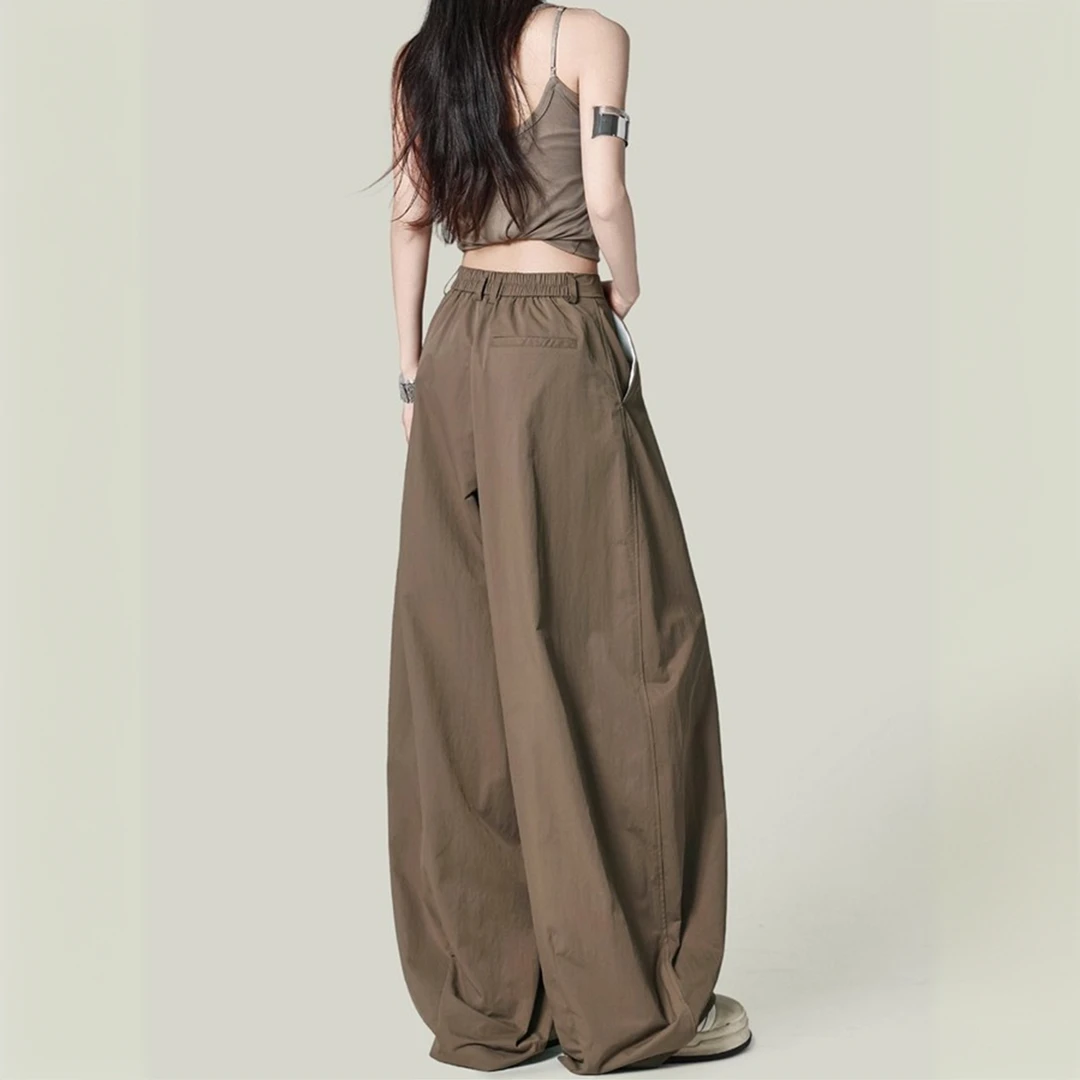 美式复古卡其色阔腿休闲裤女2025设计感高腰宽松直筒弯刀裤子