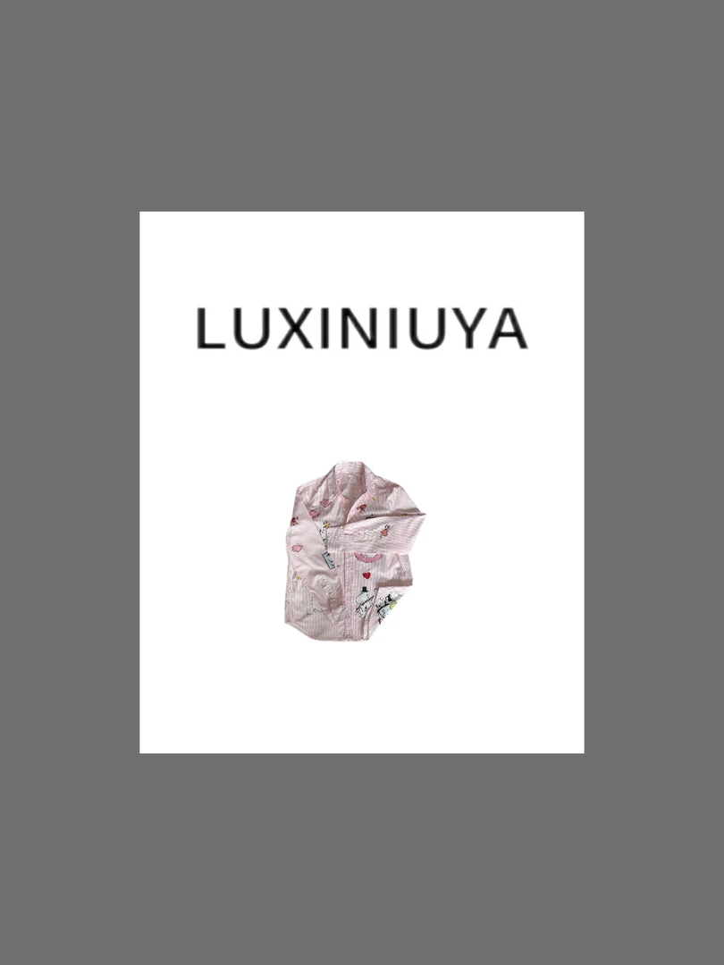 【LUXINIUYA】卡通河马 早春新款条纹动画印花潮流宽松衬衫#CX2509