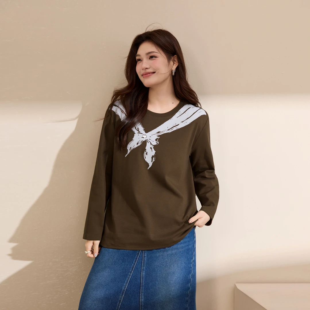 【韩系蝴蝶结印花T恤】纤莉秀大码女流光风甜美减龄上衣QK3806