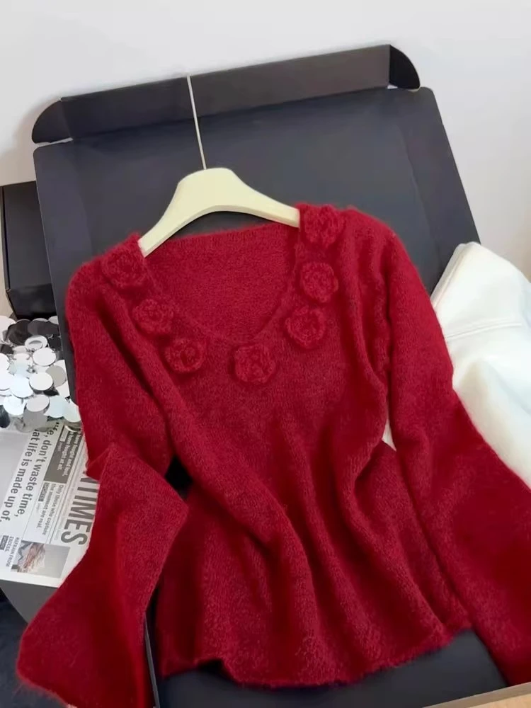 秋冬氛围感穿搭复古红色花朵v领毛衣女装宽松休闲软糯针织衫上衣