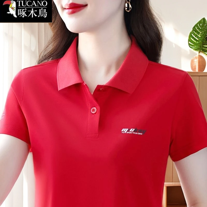 啄木鸟夏季薄款POLO领印花T恤女修身显瘦2025年新款休闲百搭上衣