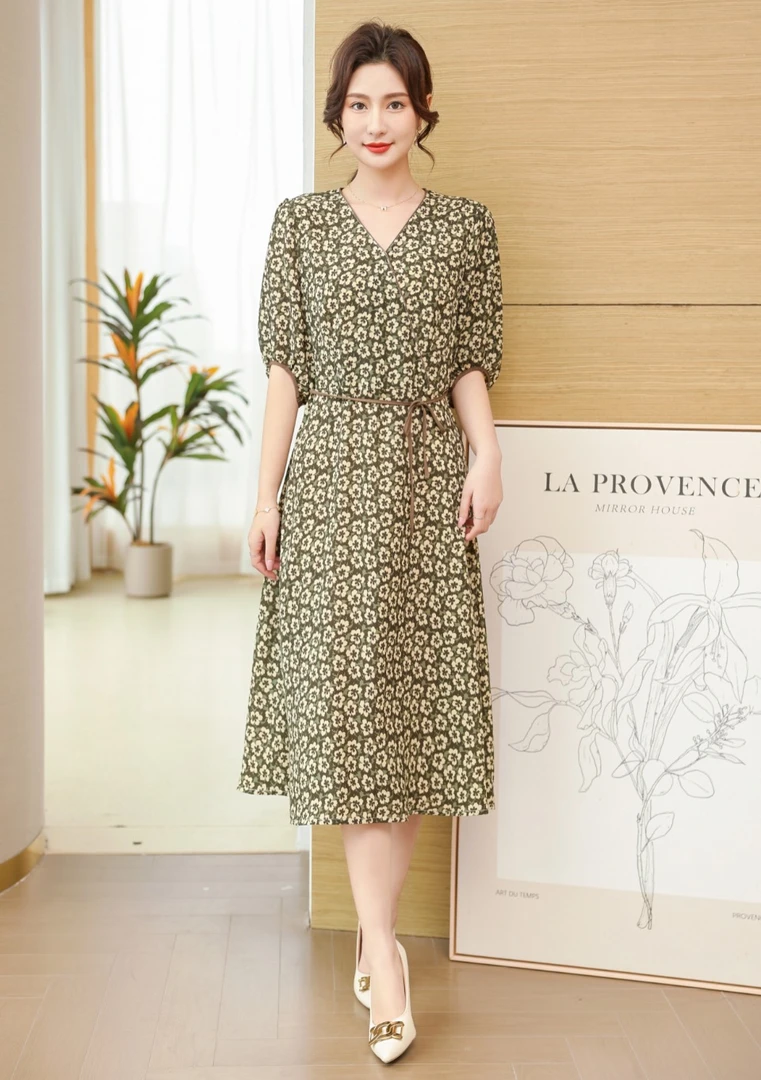 【时装高定款】抹茶绿修身印花连衣裙女装大码连衣裙