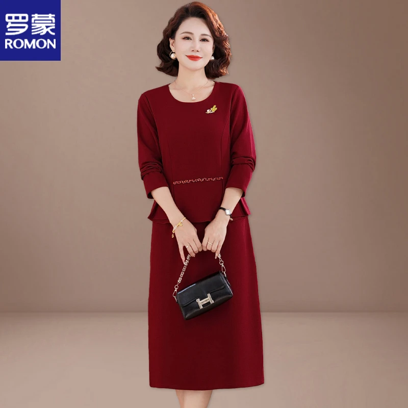 罗蒙喜婆婆婚宴礼服妈妈秋装连衣裙中老年女装春秋结婚红色长裙子