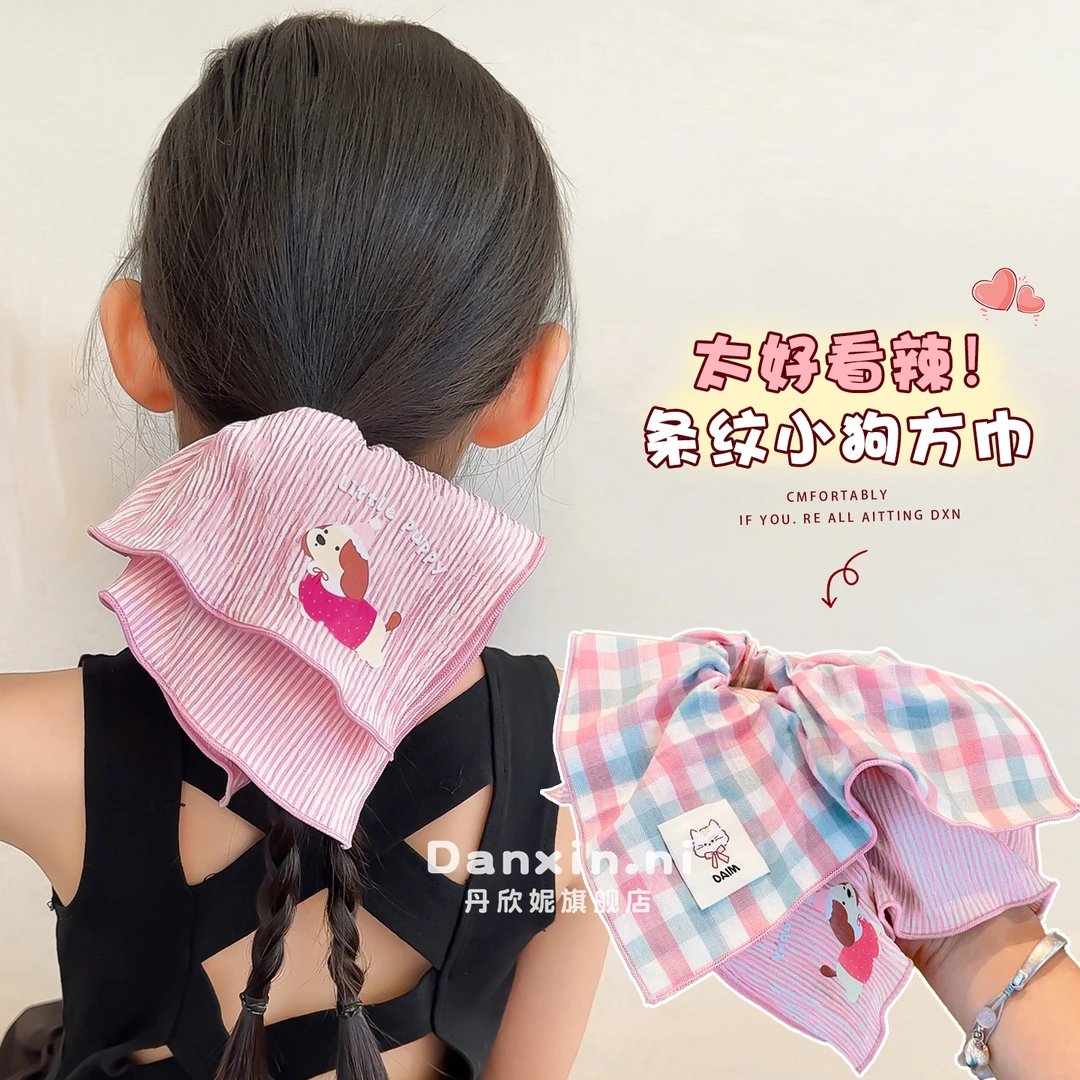 韩版儿童格纹大肠发圈宝宝甜美扎发方巾头绳女孩新款丸子头花发饰