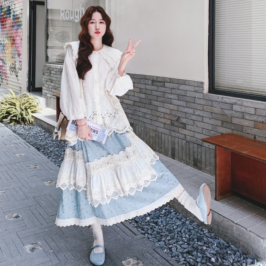 韩系甜美套装裙早秋新款2025流行穿搭刺绣衬衫撞色半身裙两件套