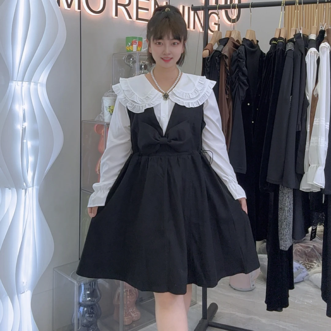 时尚人鱼风格显瘦长袖娃娃领灯芯绒马甲裙收腰两面穿套装法式气质