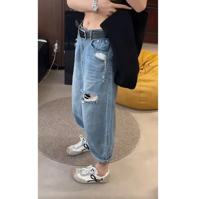 飞芊娅夏季薄款新款直筒阔腿牛仔裤女微胖大码时尚宽松显瘦老爹裤
