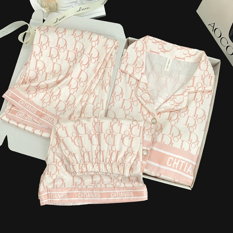 【粉do】冰丝短袖带胸垫睡衣女韩版夏薄款三件套家居服套装004