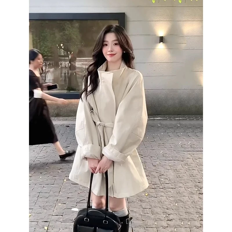 中长款白色立领风衣外套女2025春秋新款小个子韩系高级感日系休闲