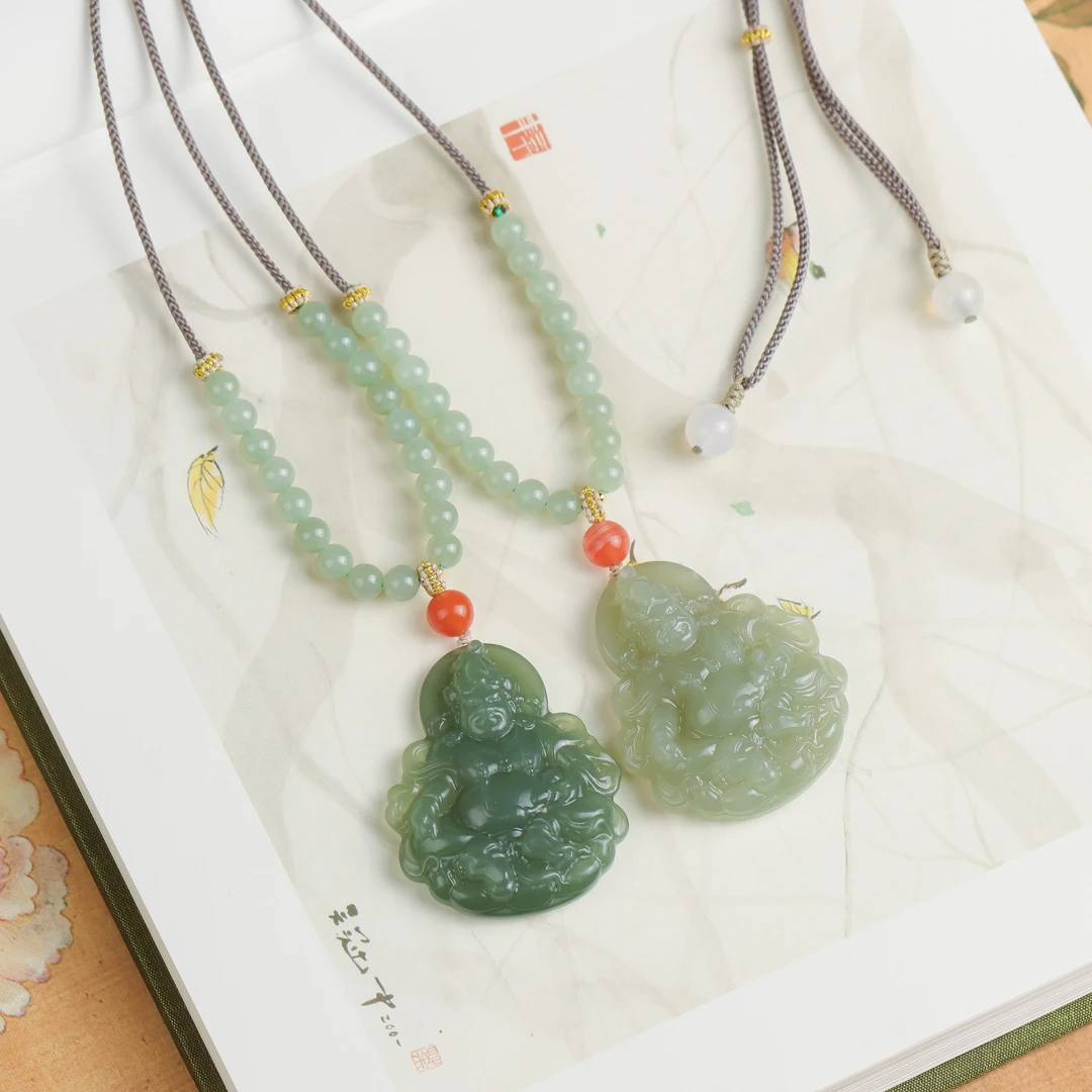 和田玉青玉黄财神手工DIY女款毛衣链（多样性发 发其一）