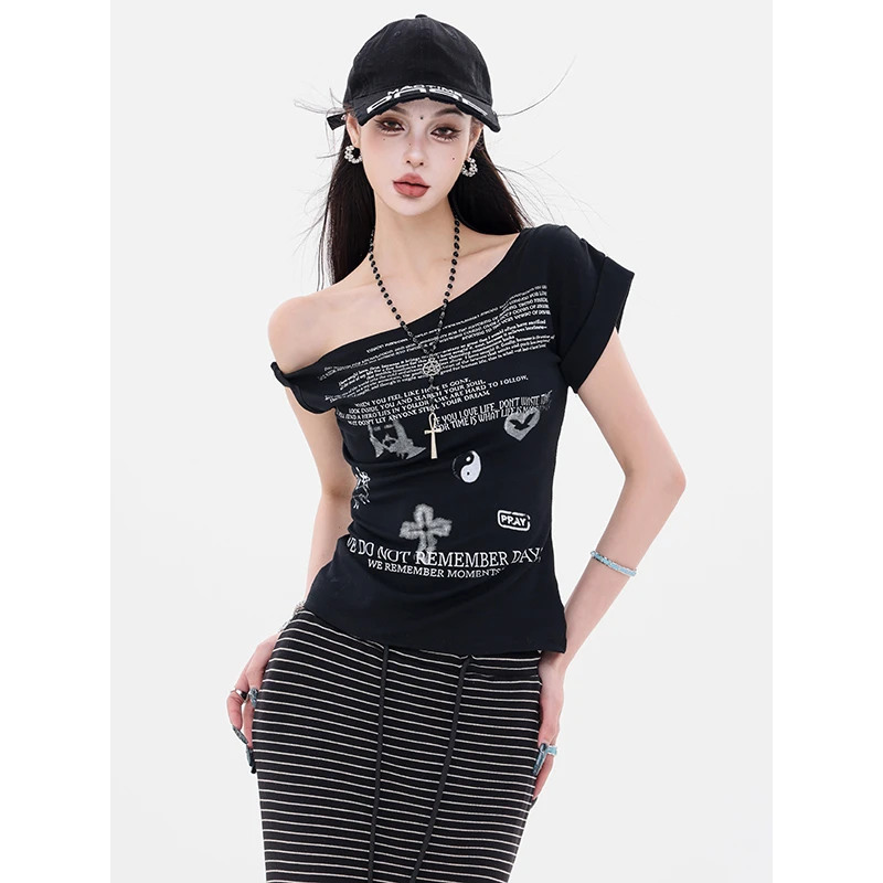 ABWEAR 艺术周刊-原创美式字母印花设计斜肩短袖T恤女修身露肩膀