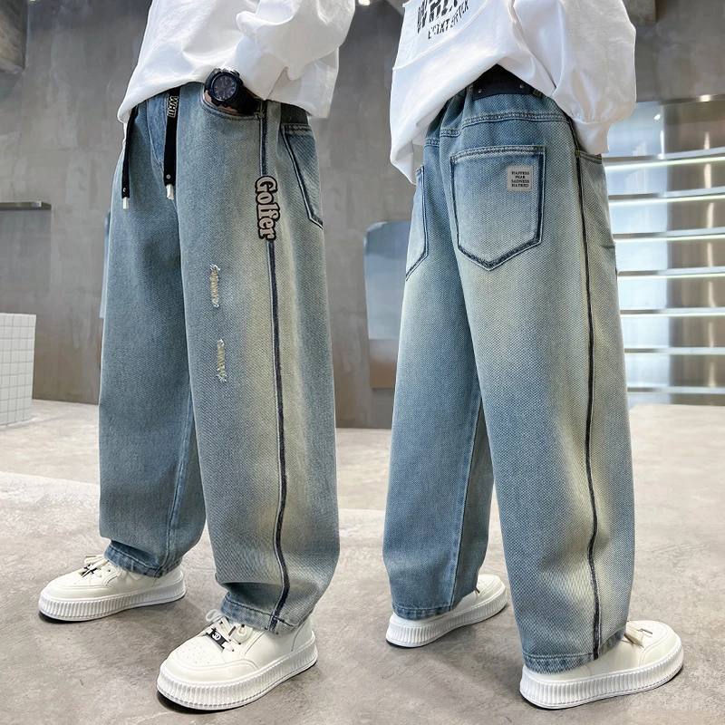 男童裤子春秋装2025新款中大童宽松直筒裤春秋季酷帅男孩牛仔裤潮