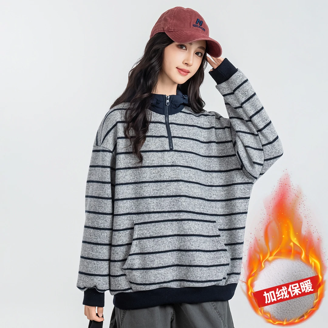 胖女童加绒卫衣帽衫秋冬装中大童加肥加大码宽松条纹连帽上衣百搭