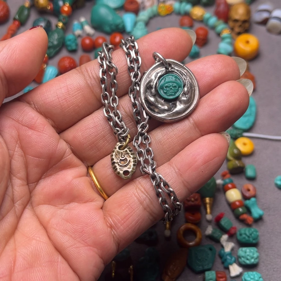 绿松石骷髅银S925镶嵌