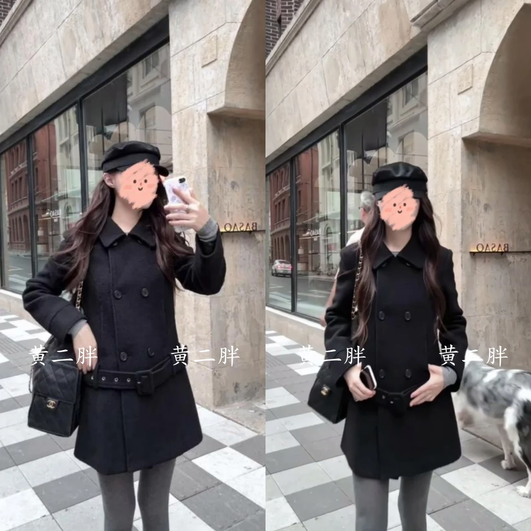 韩版黑色毛呢外套女秋冬季新款大衣双排扣中长款翻领宽松复古上衣