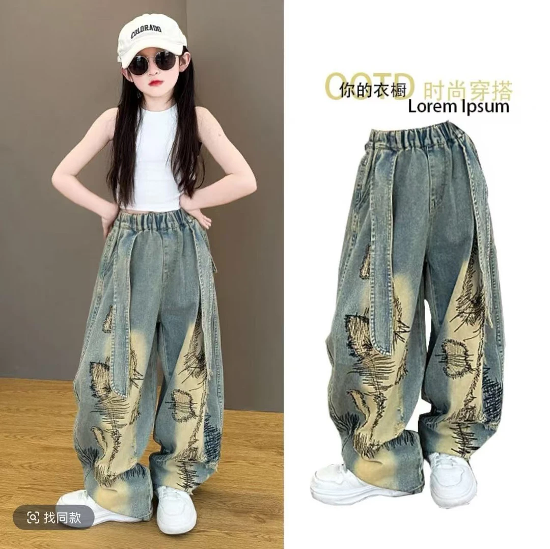 女童美式复古牛仔裤2025夏季新款宽松慵懒阔腿裤女孩洋气弯刀裤子
