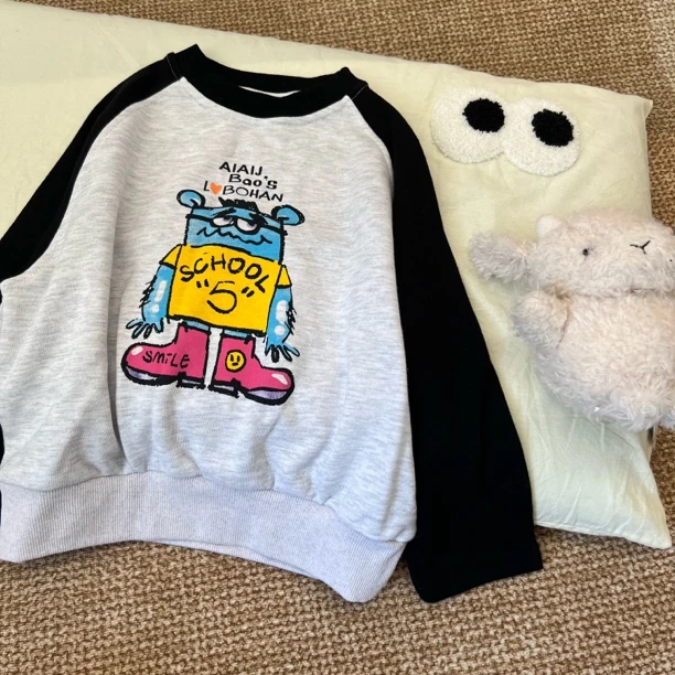 【编号D17】C424-08-搞怪卡通拼色袖卫衣 灰色-YJ