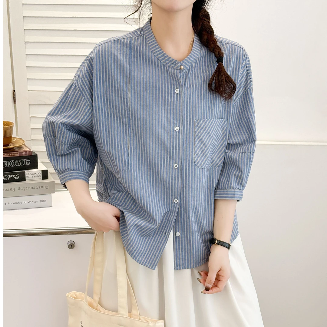 千百蔚春季立领长袖宽松衬衫休闲女装时尚小众纯色夏季简约女士