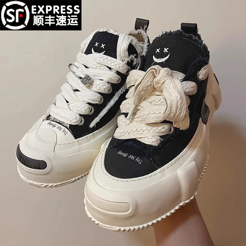 正确版本~厚底棉花糖男情侣帆布鞋增高开口笑面包鞋明星同款女鞋