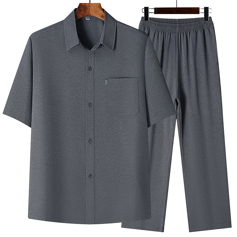 中老年衬衫男短袖套装夏季爸爸装薄款老年人爷爷夏装宽松半袖衬衣