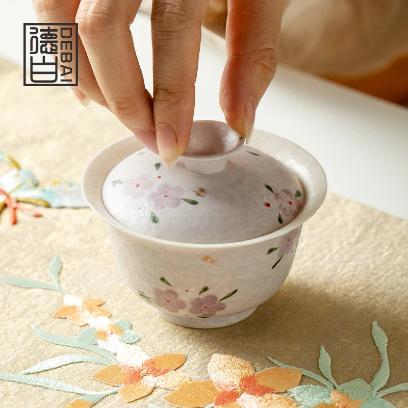 德白岩矿白二才盖碗家用陶瓷泡茶碗带盖高档手绘樱花功夫茶具