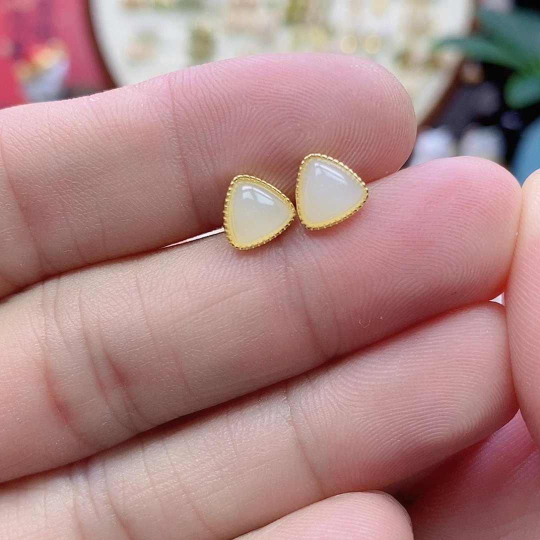和田玉银S925镶嵌耳饰