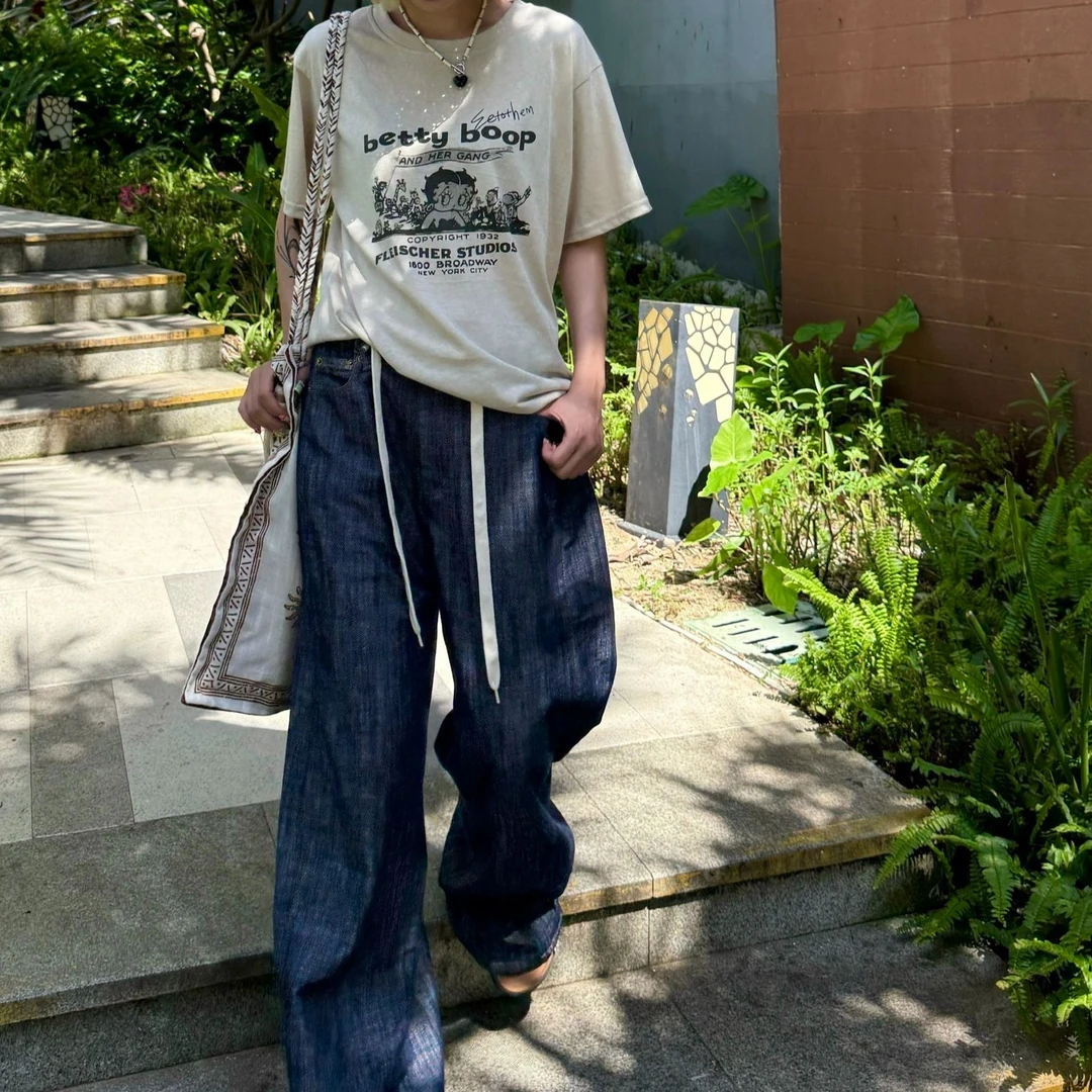 HELLOTANGO《记忆碎片》夏季极简老钱风抽绳宽松休闲牛仔裤F193#