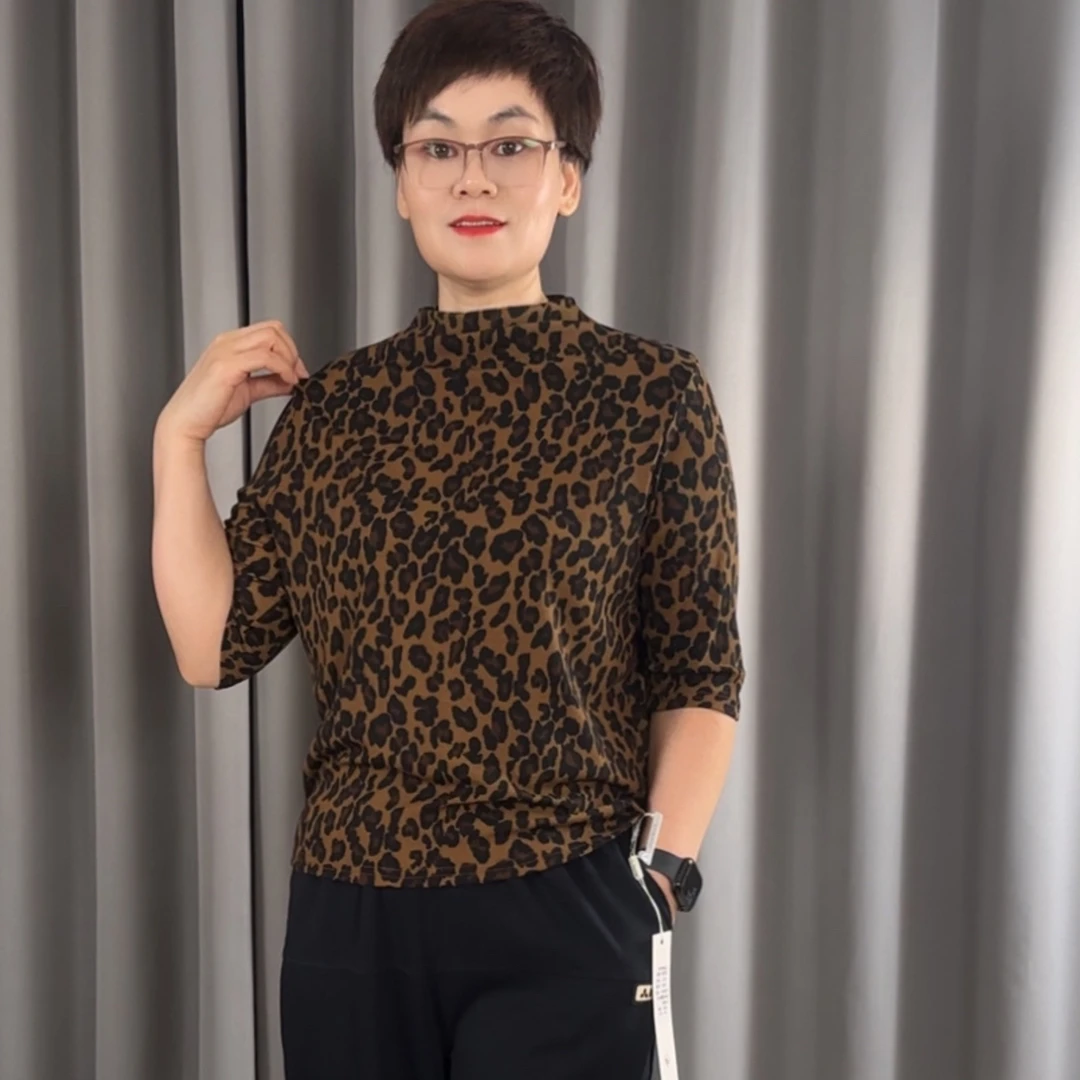 百搭老钱风一字领短袖宽松型百搭豹纹打底松弛感T恤