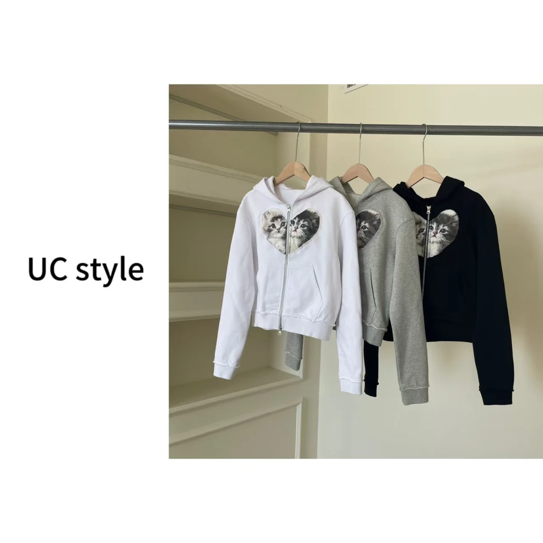 A7228磨边爱心小猫印花拉链连帽卫衣主播穿S码