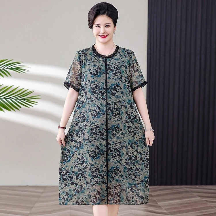 【80斤-230斤】2025夏季大码妈妈装中老年时尚气质中长款印花连衣裙