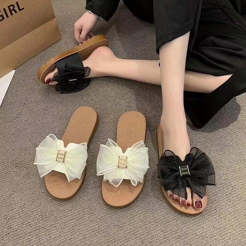 蕾丝蝴蝶结牛筋软底女拖鞋外穿2025夏季新款百搭平底防滑凉拖鞋女