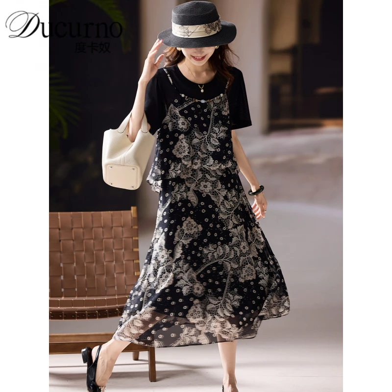 拼接印花雪纺连衣裙女2025年夏季新款宽松休闲减龄裙子大码女装