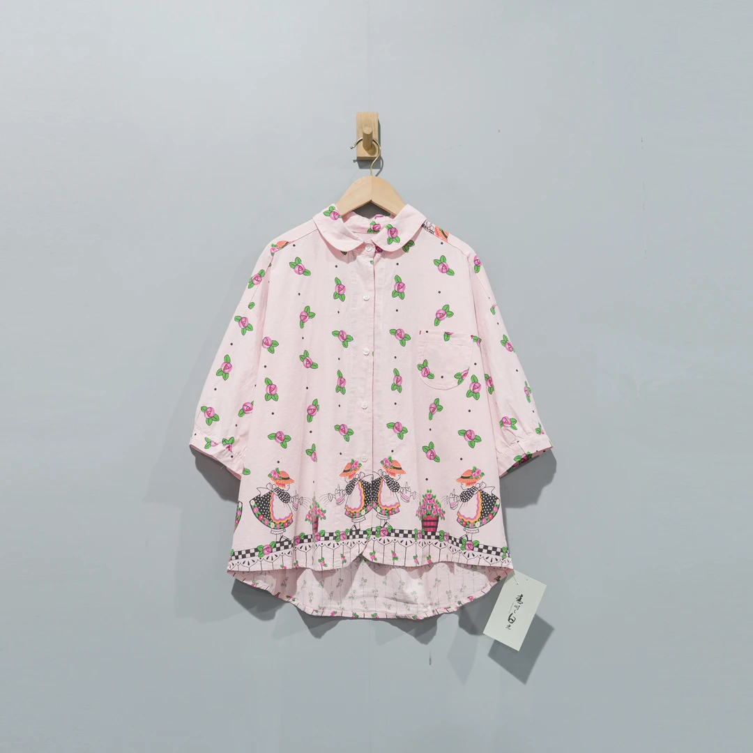 【且听风吟】0114223文艺棉翻领玫瑰印花百搭休闲衬衫衣长69胸围132