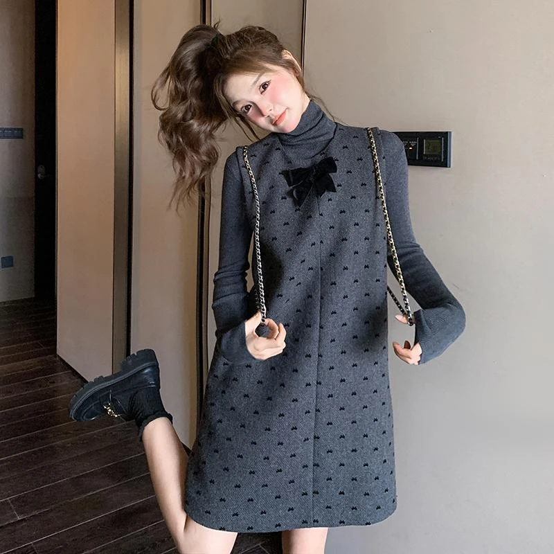 韩系小香风灰色蝴蝶结毛呢背心裙女冬季高领洋气衫时尚减龄两件套