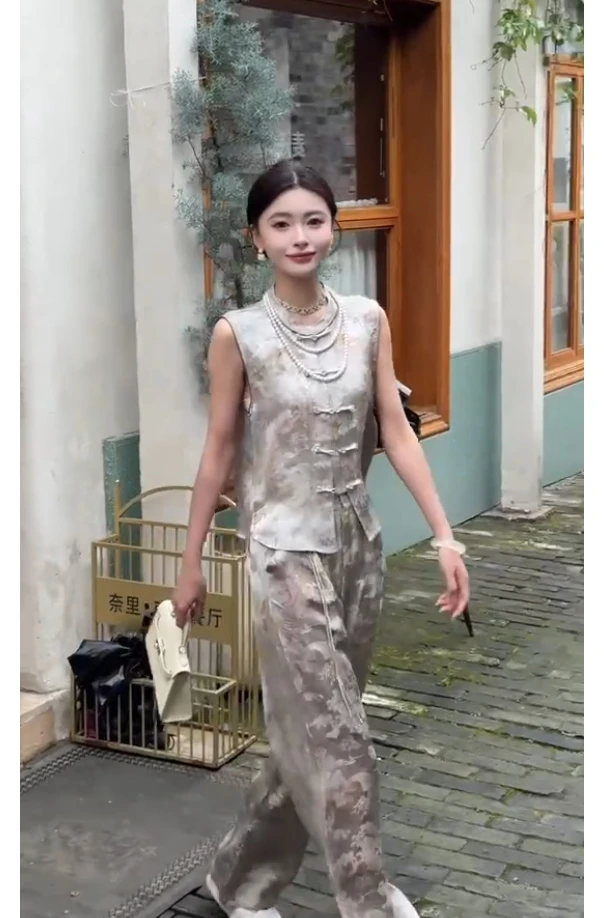 【琼楼玉宇】新中式气质网红休闲夏季中国风套装无袖马甲上衣阔腿裤
