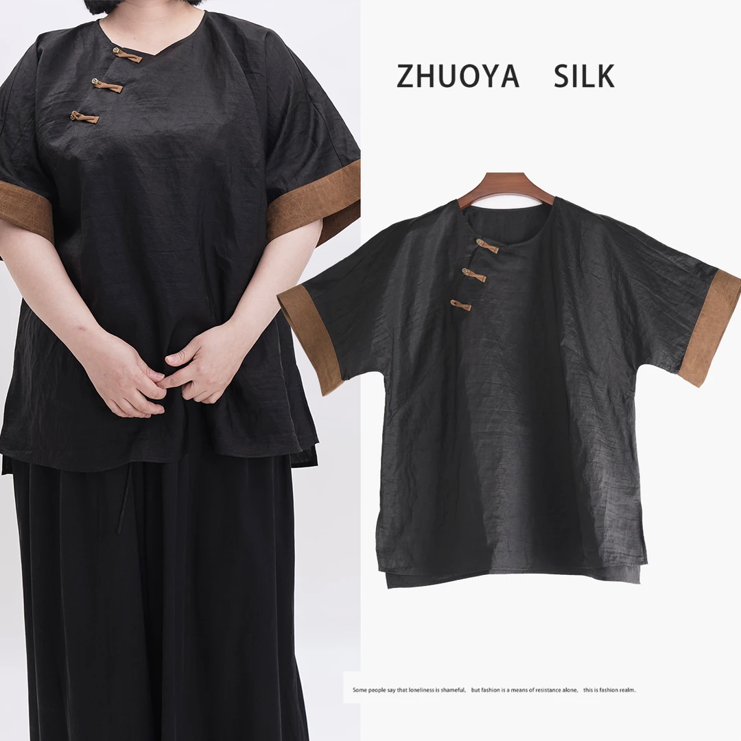 100%桑蚕丝香云纱微胖显瘦上衣洋气百搭新款大码显瘦新中式上衣