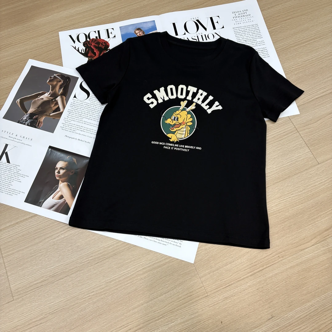 夏季植绒印花短袖棉质T恤经典圆领正肩时尚舒适质感百搭休闲卡通