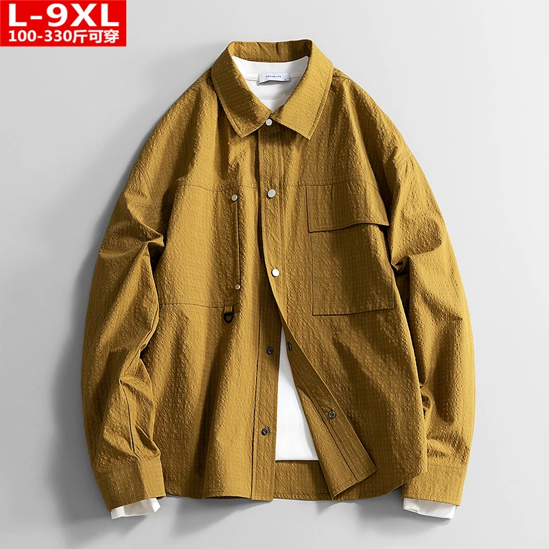 春秋季潮流港风男装帅气时尚方领衬衫胖男士加肥大码宽松休闲衬衣