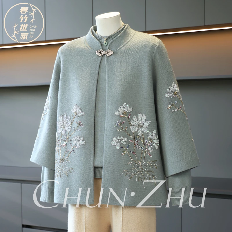 春竹世家老年人秋装女唐装针织毛衣外套中老年妈妈春秋新款两件套