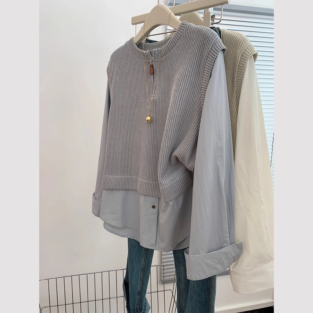 秋季假两件长袖衬衫拼接针织衫宽松慵懒风中长款女轻奢高级感上衣