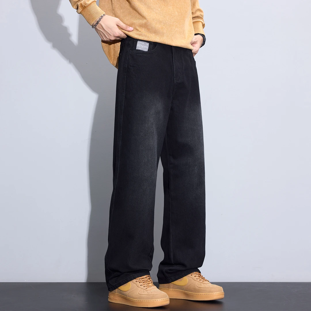 Kuvine2025秋季新款宽松直筒潮流美式百搭黑色复古水洗牛仔裤男士