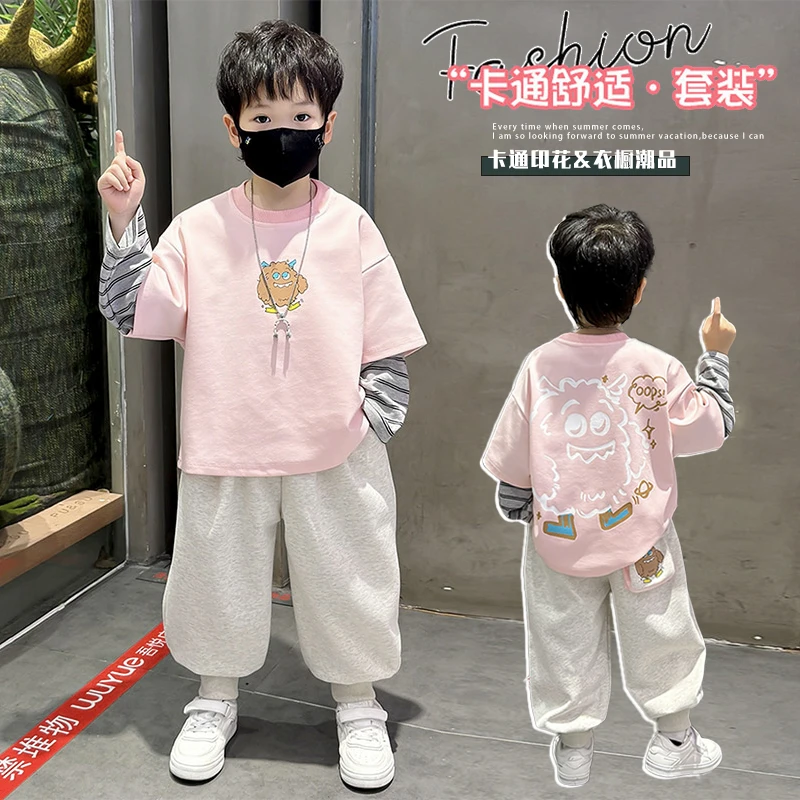 男童春秋款套装儿童宝宝假两件长袖T恤打底衫小男孩卫裤休闲衣服