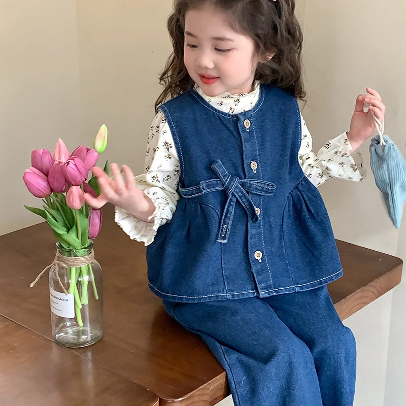 女童春季碎花衬衣牛仔三件套新款洋气儿童套装女孩童装潮
