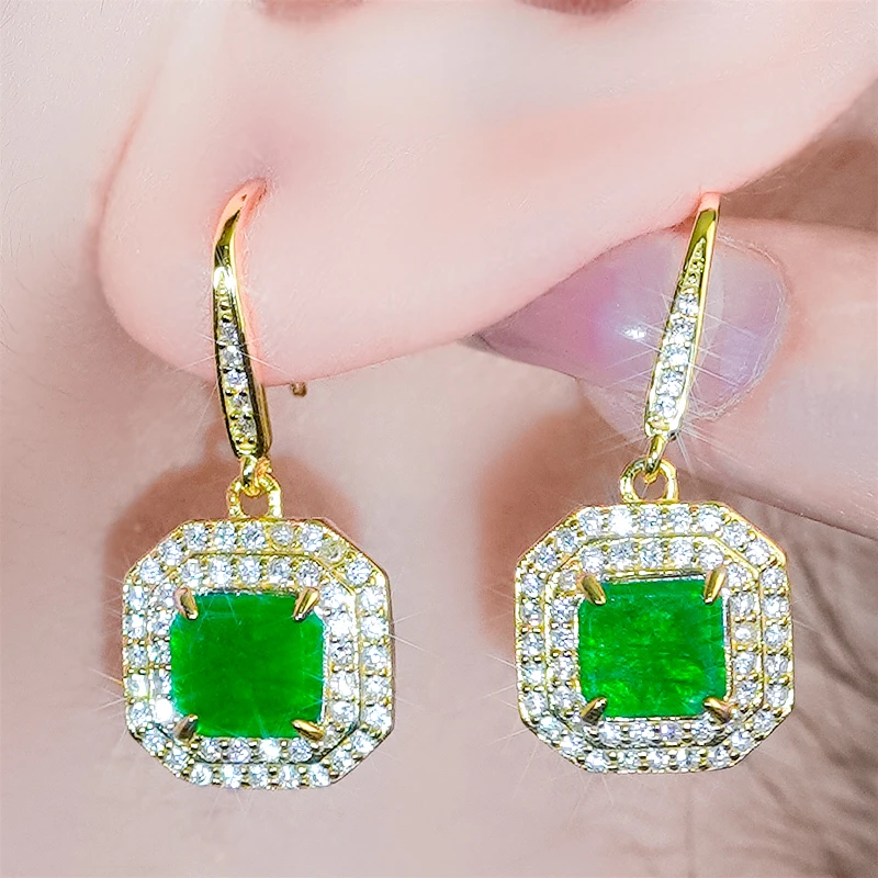 天然翡翠A货银镶嵌时尚高级豪镶满绿龙石方牌耳环耳钩