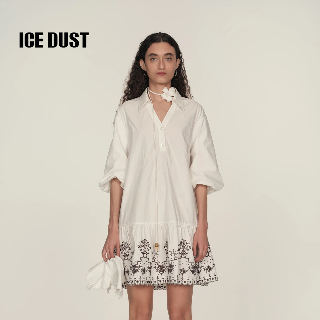 ICEDUST 花卉半袖衬衫连衣裙女25PF系列夏季波西米亚风刺绣短裙子