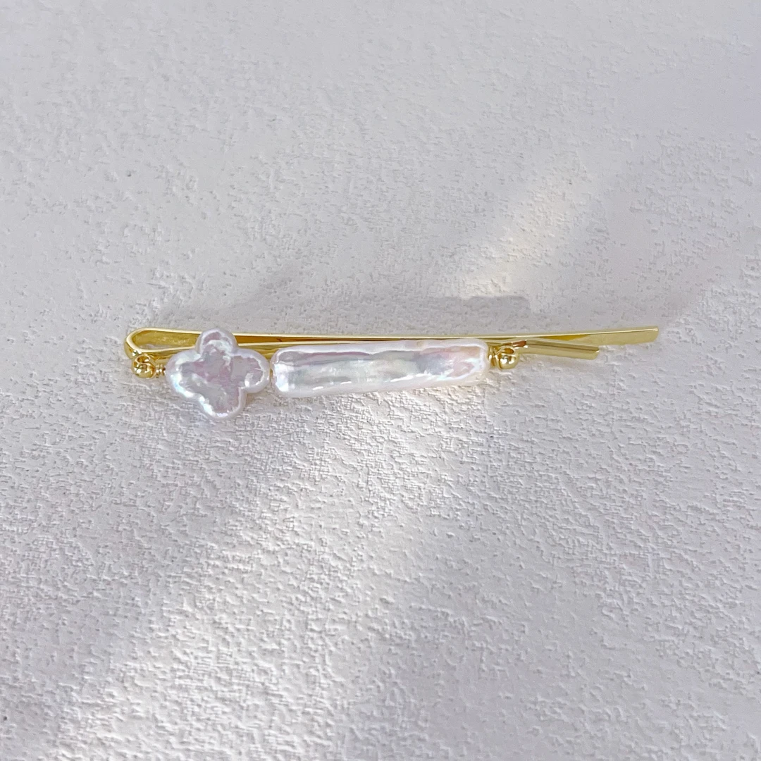 天然淡水银条+四叶草巴洛克珍珠发夹 发卡 刘海夹侧边夹真珍珠